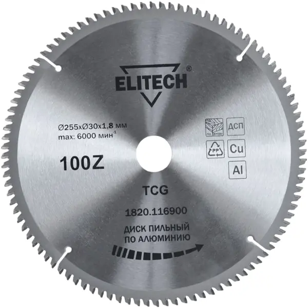 Диск пильный по алюминию Elitech 1820.116900 100Т 255x30x2.7 мм диск elitech 1820 038900 лепестковый 125x22mm p40