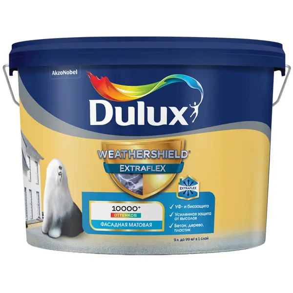 Краска фасадная Dulux Weathershield Extraflex цвет белый матовая база BC 9 л краска воднодисперсионная formula q8 акриловая фасадная матовая белая 2 7 кг
