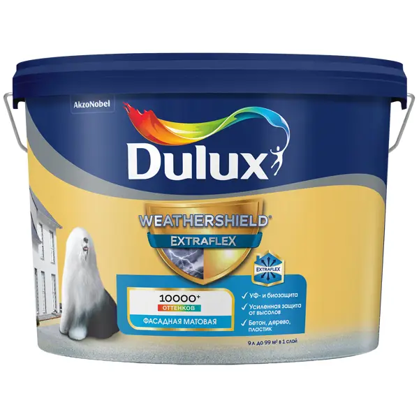 Краска фасадная Dulux Weathershield Extraflex цвет белый матовая база BW 9 л краска фасадная dulux weathershield extraflex белый матовая база bc 2 25 л