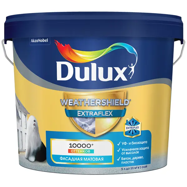 фото Краска фасадная dulux weathershield extraflex цвет белый матовая база bw 5 л