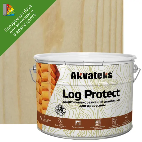 Антисептик защитно-декоративный для древесины и бревен Akvateks LOG Protect полуматовый прозрачный 9 л антисептик невымываемый akvateks ультра био консервирующий для древесины 10 кг