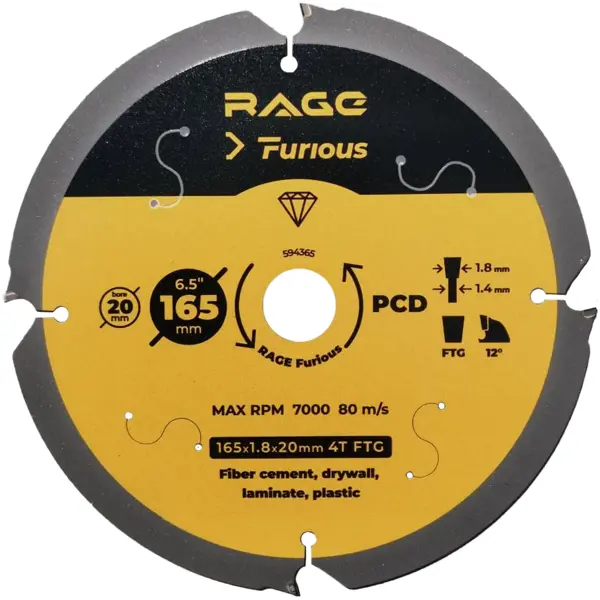 Диск пильный по фиброцементу Rage DF165 165x20x1.8 мм отрезной диск пильный для ушм vertextools