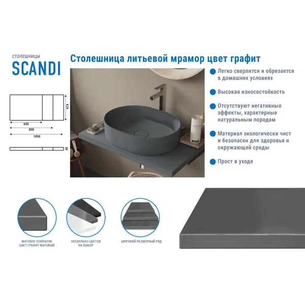 фото Столешница для ванной scandi sc-80ms 80x4x47 см, искусственный камень, цвет матовый графит без бренда