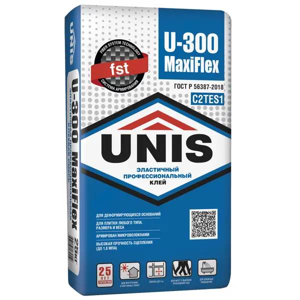Клей для плитки Unis U-300 Maxiflex C2TES1 армированный 25 кг клей для плитки unis унифлекс u 100 эластичный 25 кг