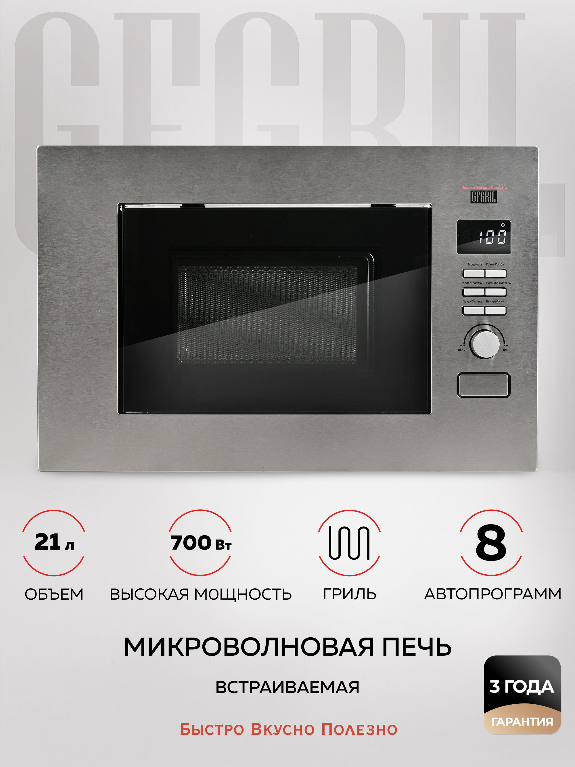 Встраиваемая микроволновая печь Gfgril GF-MWO2160BI 21 л 59.6x32.4x38.9 см  цвет нержавеющая сталь ✳️ купить по цене 18990 ₽/шт. в Ульяновске с  доставкой в интернет-магазине Леруа Мерлен