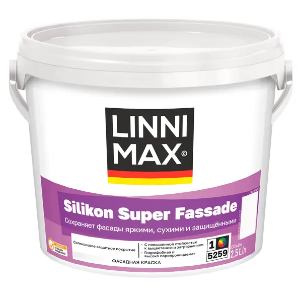 Краска фасадная Linnimax Silikon Super Fassade моющаяся матовая цвет белый база 1 2.5 л краска фасадная linnimax holzfarbe моющаяся матовая белый матовая база 1 2 5 л