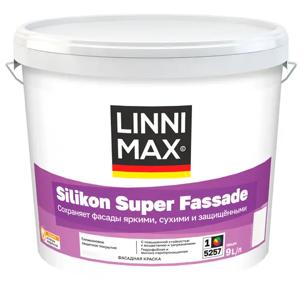 Краска фасадная Linnimax Silikon Super Fassade моющаяся матовая цвет белый база 1 9 л эмаль linnimax аква белый глянцевый база б1 0 9 л