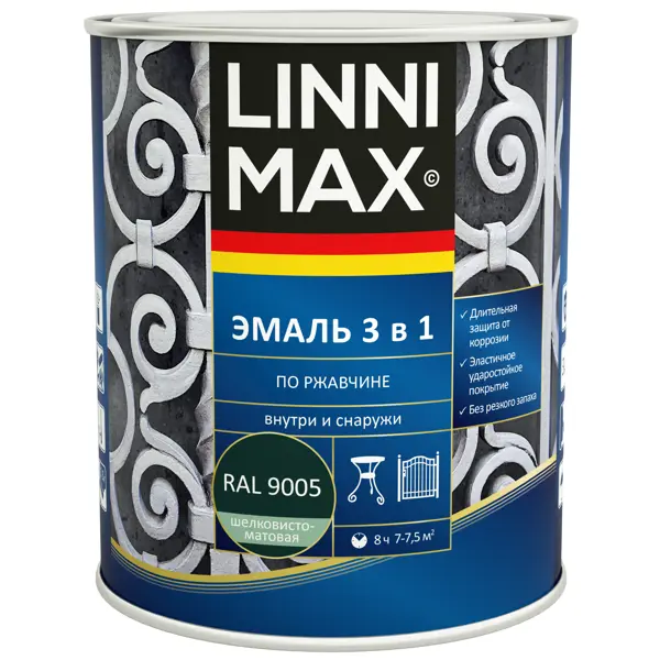 фото Эмаль по ржавчине 3 в 1 linnimax цвет черный полуматовый 0.75 л без бренда
