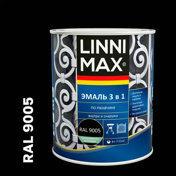 Грунт-эмаль по ржавчине 3 в 1 Linnimax цвет черный полуматовый 0.75 л банка для сыпучих продуктов esprado tinta 1 л металл черный
