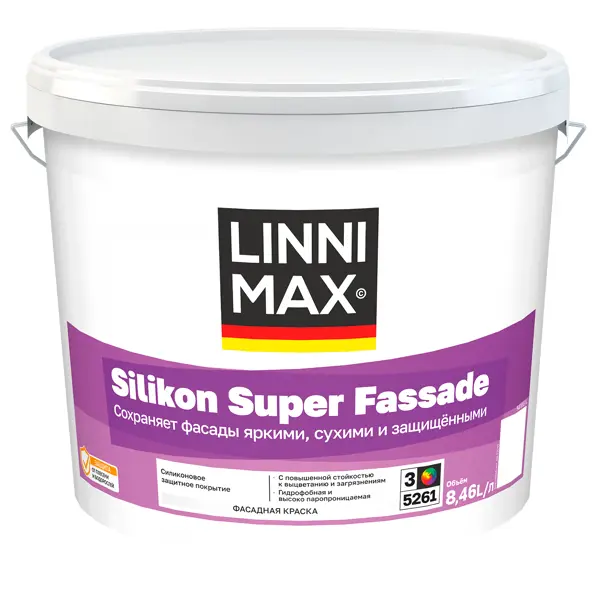 Краска фасадная Linnimax Silikon Super Fassade моющаяся матовая прозрачная база 3 8.46 л краска фасадная linnimax holzfarbe моющаяся матовая белый матовая база 1 2 5 л