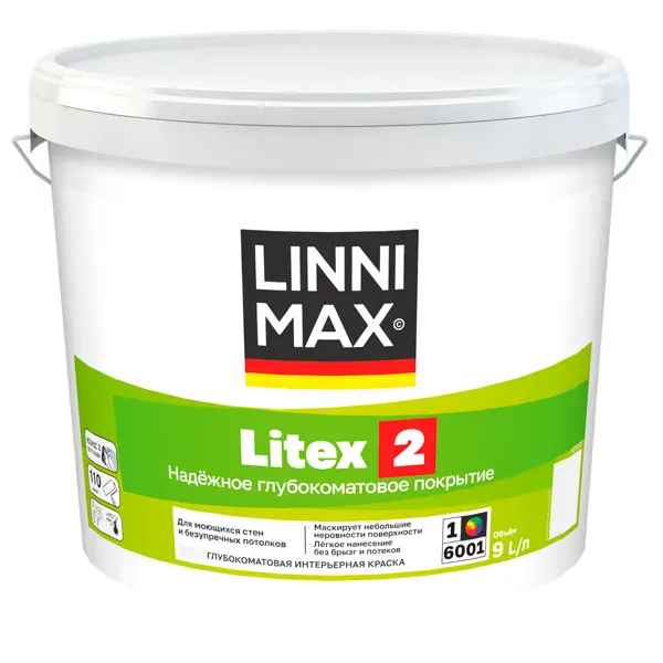 Краска для стен и потолков Linnimax Litex 2 моющаяся глубокоматовая цвет белый база 1 9 л краска интерьерная newtone lotus 3 белый глубокий матовый база а 4 л