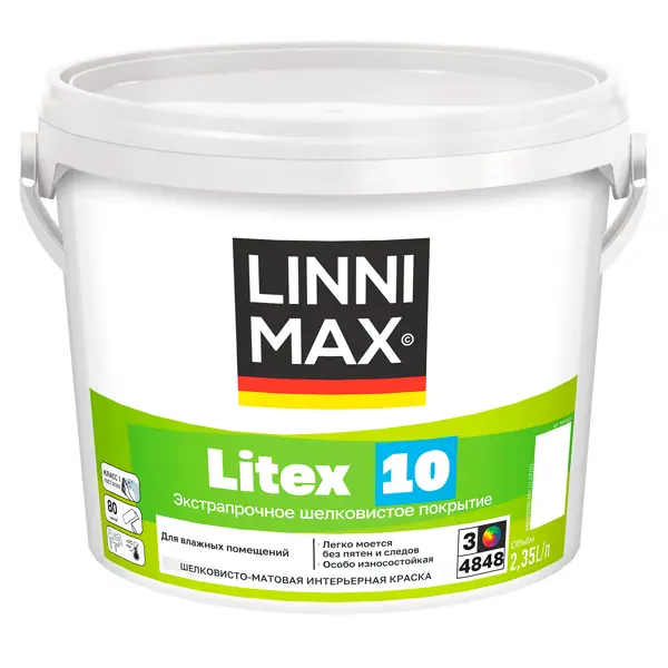 Краска для стен и потолков Linnimax Litex 10 моющаяся матовая прозрачная база 3 2.35 л лак для паркета и пола linnimax шелково матовый прозрачный 0 9 л