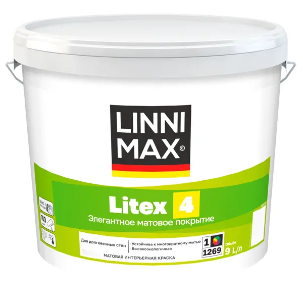 краска для стен и потолков linnimax litex 2 моющаяся глубокоматовая белый база 1 9 л Краска для стен и потолков Linnimax Litex 4 моющаяся матовая цвет белый база 1 9 л
