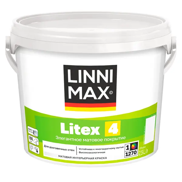 Краска для стен и потолков Linnimax Litex 4 моющаяся матовая цвет белый база 1 2.5 л