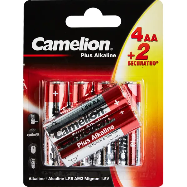 Батарейка алкалиновая Camelion Plus Alkaline 4+2LR03-BP AA 6 шт. батарейка алкалиновая camelion plus alkaline 6lr61 bp1 1 шт