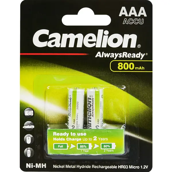 Батарейка никель-металлгидридная Camelion Always Ready NH-AAA800ARBP2 AAA 2 шт. батарейка алкалиновая camelion mercury free ag10 bp10 lr54 10 шт