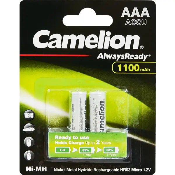 Батарейка никель-металлгидридная Camelion Always Ready NH-AAA1100BP2 AAA 2 шт. батарейка алкалиновая camelion mercury free ag10 bp10 lr54 10 шт