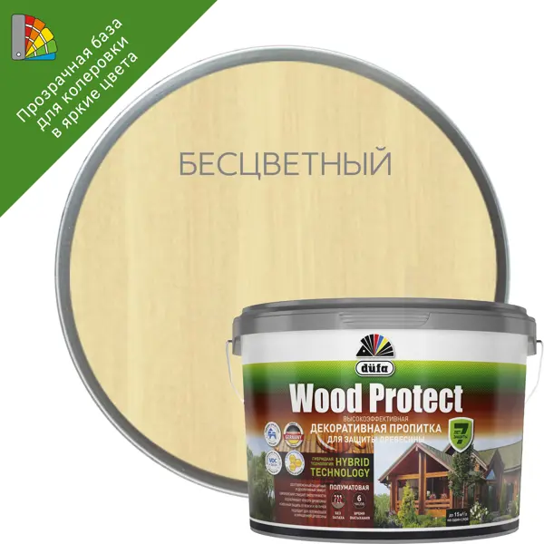Пропитка для дерева Dufa Wood Protect полуматовая бесцветная 9 л пропитка для защиты древесины dufa
