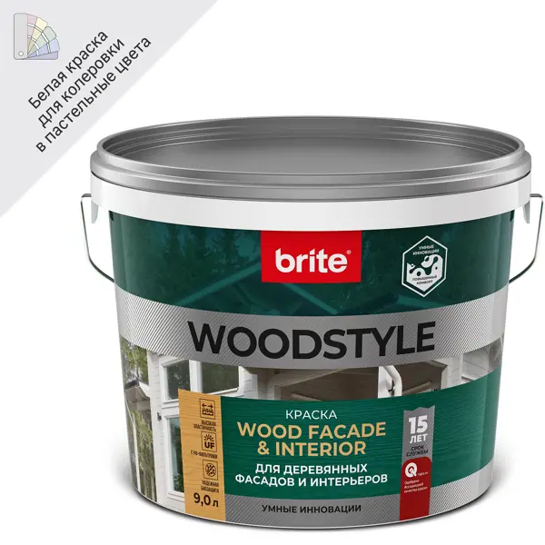 Краска для деревянных фасадов Brite Woodstyle Prof моющаяся матовая цвет белый база А 9 л краска для деревянных фасадов brite woodstyle prof моющаяся матовая белый база а 2 7 л