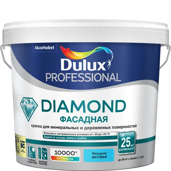 Краска фасадная Dulux Prof Diamond матовая прозрачная база BC 4.5 л краска фасадная dulux prof diamond матовая прозрачная база bc 2 25л