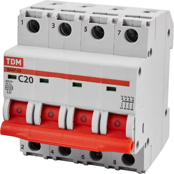 Автоматический выключатель TDM Electric ВА47-29 4Р C20 A 4.5 кА устройство защитного отключения tdm electric вд1 63 2 полюса 16 а 10 ма sq0203 0002