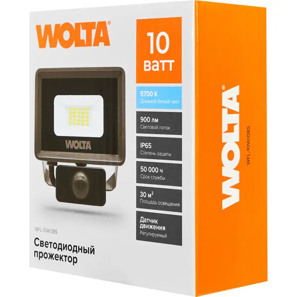 фото Прожектор светодиодный уличный wolta wfl-10w/08s 10 вт 5700 к ip65 нейтральный белый свет с датчиком движения