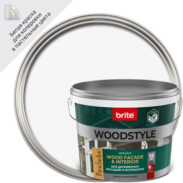 Краска для деревянных фасадов Brite Woodstyle Prof моющаяся матовая цвет белый база А 9 л шпатлевка для бетонного пола и лестницы brite 1 2 кг