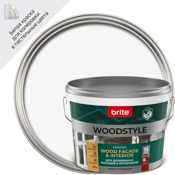 Краска для деревянных фасадов Brite Woodstyle Prof моющаяся матовая цвет белый база А 2.7 л средство против пятен и запаха мочи pro brite