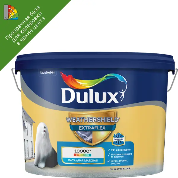 Краска фасадная Dulux Weathershield Extraflex прозрачная матовая база BC 9 л краска фасадная dulux classic colour матовая белая 9л