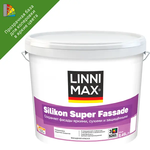 Краска фасадная Linnimax Silikon Super Fassade моющаяся матовая прозрачная база 3 8.46 л краска для стен husky super paint int моющаяся матовая прозрачная база с 0 8 л