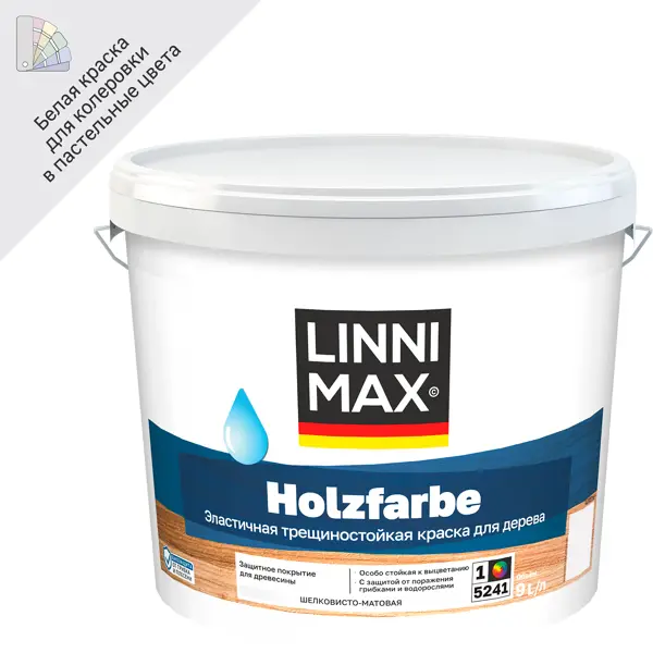 Краска фасадная Linnimax Holzfarbe моющаяся матовая цвет белый матовая база 1 9 л кронштейн для телевизора onkron m6l макс 45кг белый