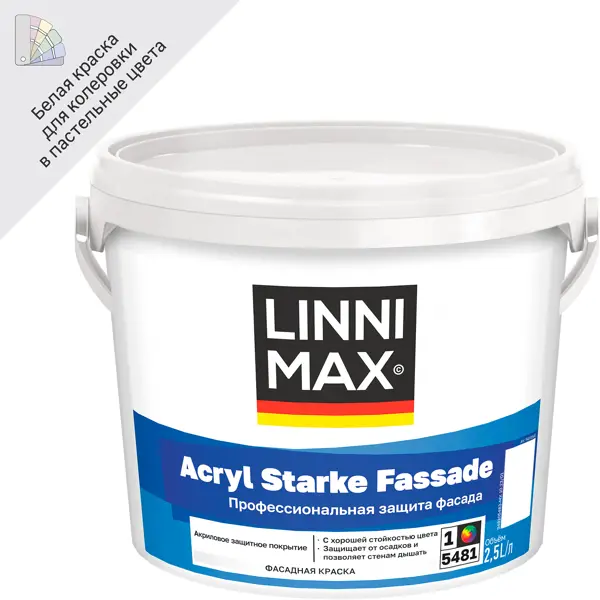 Краска фасадная Linnimax Acryl Starke Fassade моющаяся матовая цвет белый база 1 2.5 л кронштейн для телевизора onkron m6l макс 45кг белый