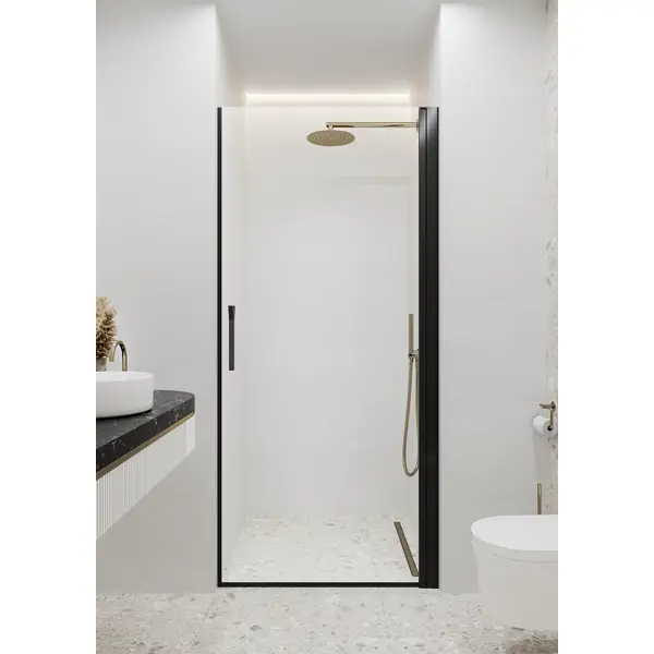 Душевая дверь в нишу Март Эстетика 195x100 см черный профиль прозрачное стекло распашная стеллаж для ванной март ferro угловой 35x35x170 см