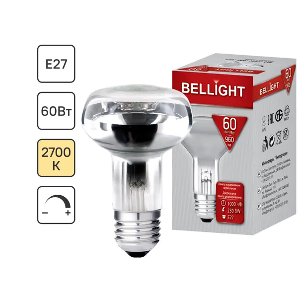 Лампа накаливания Bellight Е27 230 В 60 Вт спот 960 лм теплый белый цвет света для диммера