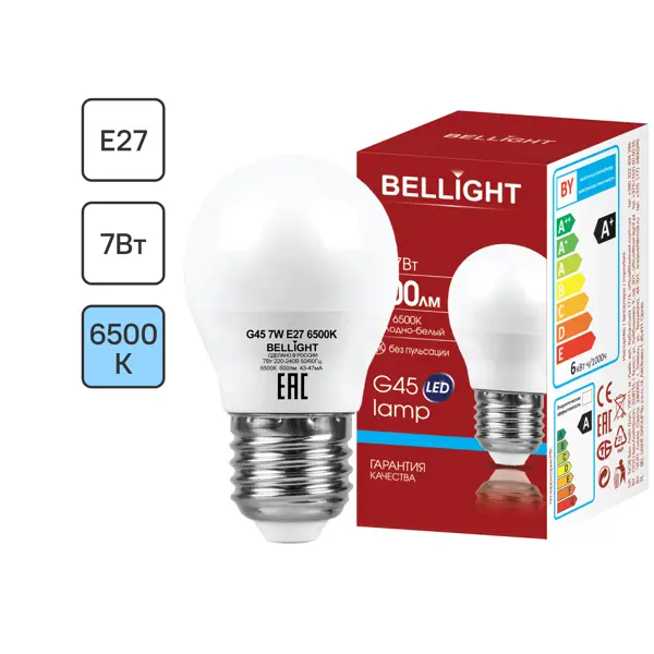 Лампа светодиодная Bellight E27 220-240 В 7 Вт шар 600 лм холодный белый цвет света лампа светодиодная uniel стандарт e27 170 240 в 8 вт 800 лм холодный белый свет