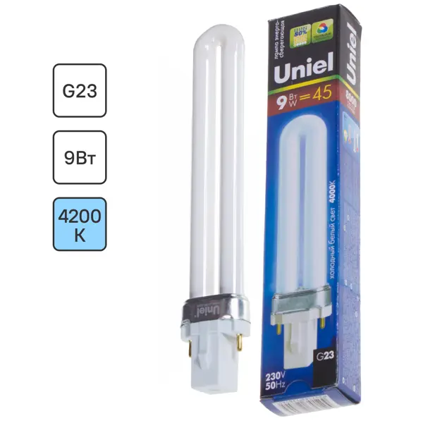 Лампа энергосберегающая Uniel дуга G23 9 Вт свет холодный белый ультрафиолетовый свет adj ub 6h