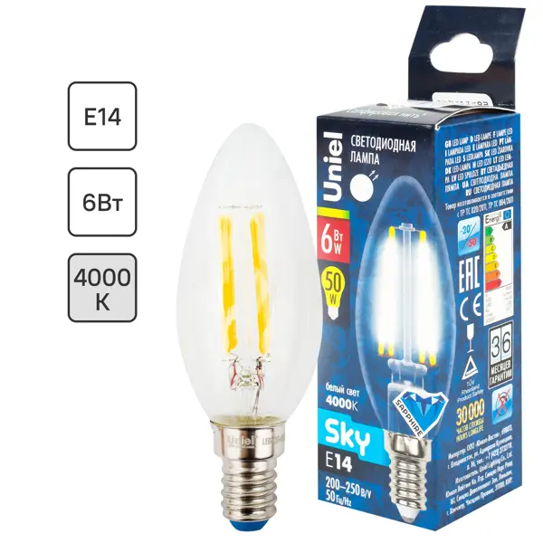 Лампа светодиодная Uniel свеча E14 6 Вт 500 Лм, свет холодный панель светодиодная uniel uli f41 с диммером 300 мм 5 5 вт 4200 к