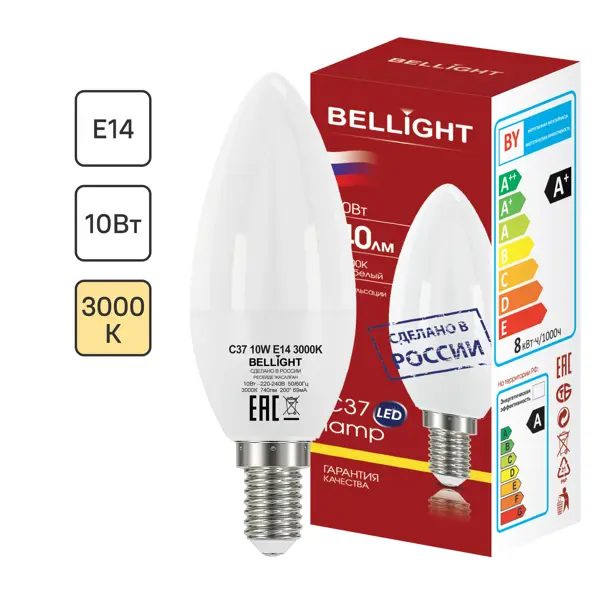 Лампа светодиодная Bellight Е14 220-240 В 10 Вт свеча 740 лм теплый белый цвет света лампа светодиодная philips е14 2700к теплый белый свет свеча 6 вт