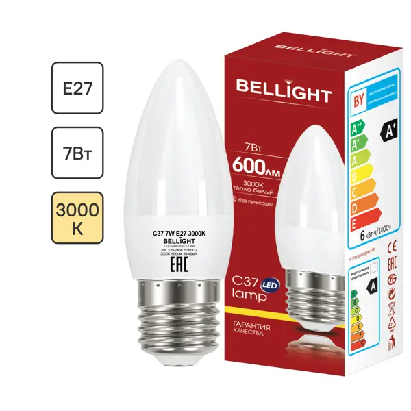 Лампа светодиодная Bellight E27 220-240 В 7 Вт свеча 600 лм теплый белый цвет света лампа светодиодная bellight e27 220 240 в 25 вт груша 2100 лм теплый белый цвет света