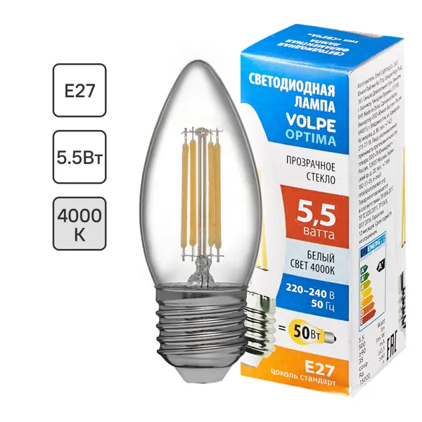 Лампа светодиодная Volpe E27 210-240 В 5.5 Вт свеча прозрачная 500 лм нейтральный белый свет свеча чайная белый 10 шт