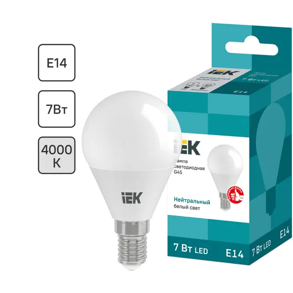 Лампа светодиодная IEK G45 Шар E14 7 Вт 4000К свет холодный белый лампа светодиодная онлайт e14 4000к холодный белый свет шарик g45 6 вт