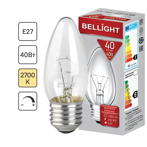 Лампа накаливания Bellight Е27 230 В 40 Вт свеча 400 лм теплый белый цвет света для диммера съемник свечи накаливания mercedes jtc