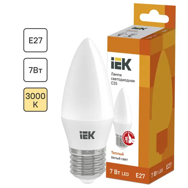 Лампа светодиодная IEK свеча Е27 7 Вт 3000 К свет тёплый белый люстра потолочная de сity свеча 6 ламп 12 м² e14 220 в