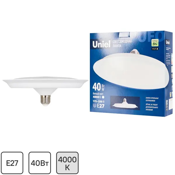 Лампа светодиодная Uniel UFO220 E27 220 В 40 Вт диск матовый 3200 лм нейтральный белый свет