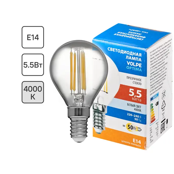 Лампа светодиодная Volpe E14 210-240 В 5.5 Вт шар малый прозрачная 500 лм нейтральный белый свет