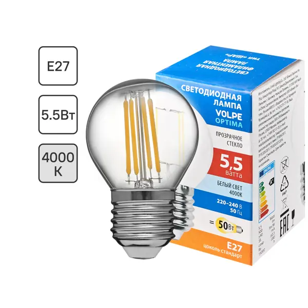 Лампа светодиодная Volpe E27 210-240 В 5.5 Вт шар малый прозрачная 500 лм нейтральный белый свет малый септик asplast