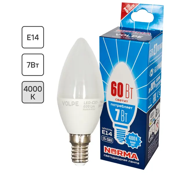Лампа светодиодная Volpe Norma E14 220 В 7 Вт свеча 600 лм белый свет ночник свеча лошадка led от батареек 3хlr44 белый 4 7х4 7х10 5 см
