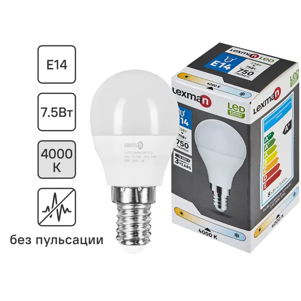 Лампа светодиодная Lexman E14 175-250 В 7.5 Вт груша 750 лм нейтральный белый цвет света светодиодная фара дальнего света риф