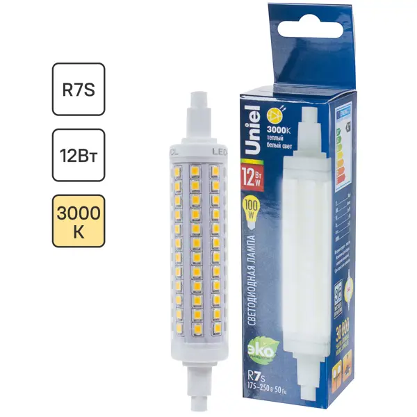 Лампа светодиодная Uniel R7s 220 В 12 Вт линейная 1100 лм, тёплый белый свет панель светодиодная uniel uli f41 с диммером 300 мм 5 5 вт 4200 к