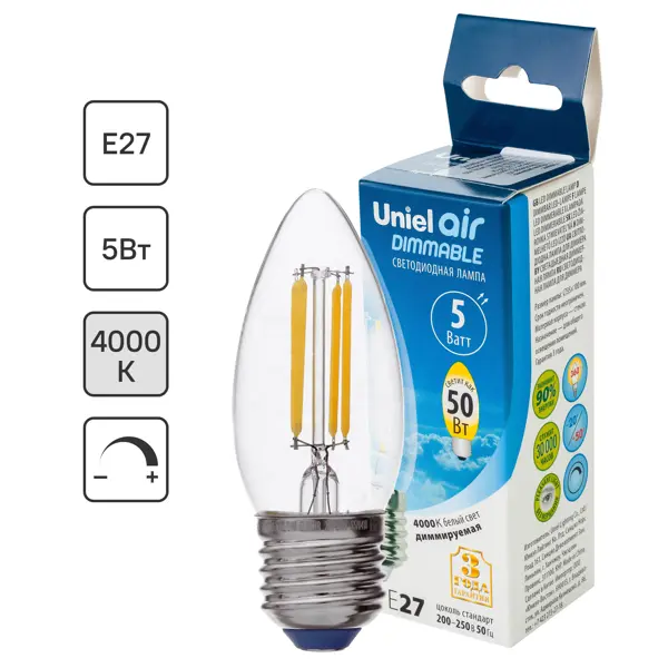 Лампа светодиодная филаментная Airdim форма свеча E27 5 Вт 500 Лм свет холодный лампочка светодиодная gu10 11 вт 5000 к нейтральный белый свет